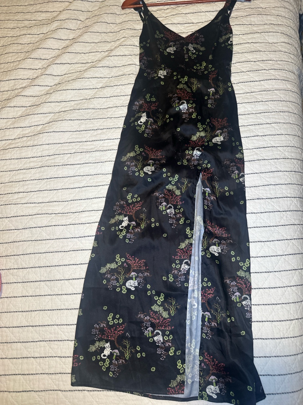 Urban Outfitters Black Satin Cat Mushroom Print Boho Maxi Slipdress Side Slit XS